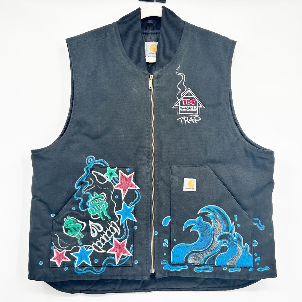 Carhartt Mens Custom Hand Painted Duck Canvas Workwear Vest Black XL Regular